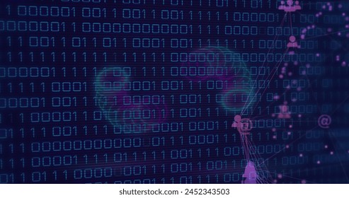 Image of globe of digital icons and spring shapes against binary coding against blue background. Computer interface and science technology concept