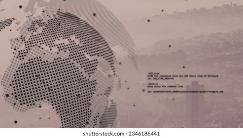 Image of globe and financial data processing over cityscape. Global business, finance, networks, computing and data processing concept digitally generated image.