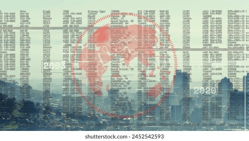 Image of globe and financial data processing over cityscape. Global finance, business, connections, computing and data processing concept digitally generated image.
