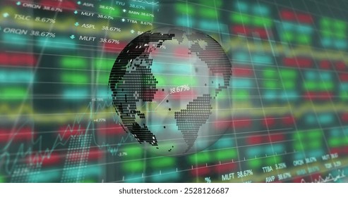 Image of globe and financial data processing. global business, finance and data processing concept digitally generated image.