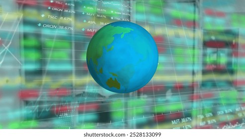 Image of globe and financial data processing. global business, finance and data processing concept digitally generated image.