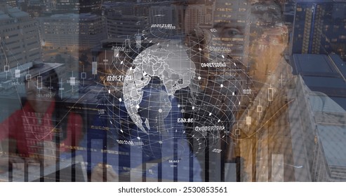 Image of globe and financial data processing over warehouse. Global sports fitness and data processing concept digitally generated image.