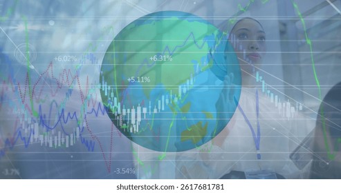 Image of globe and financial data processing over biracial businesswoman in hijab. global data processing, business, finance and economy concept digitally generated image.