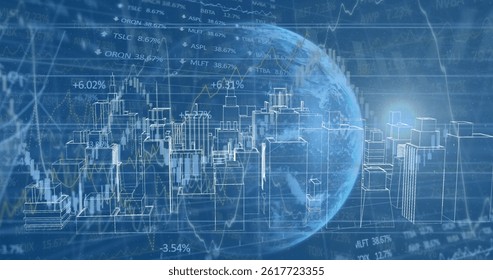 Image of globe and financial data processing over 3d cityscape drawing. global data processing and development concept digitally generated image. - Powered by Shutterstock - Get 15% off with code: PIKWIZARD15