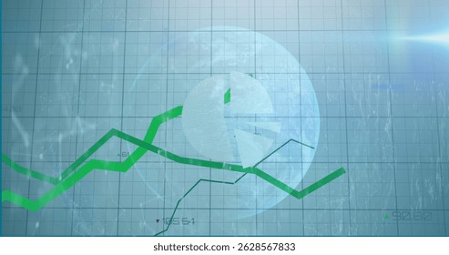 Image of globe and financial data processing over grid. Global business technology and digital interface concept digitally generated image.