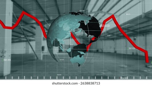 Image of globe and financial data processing over warehouse. Global business digital interface technology and networking concept digitally generated image.