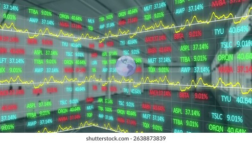 Image of globe and financial data processing over cityscape. Global business finances and digital interface concept digitally generated image.