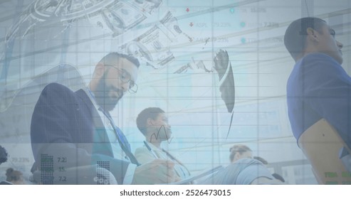 Image of globe formed with american dollar bills over diverse business people. global data processing, business, finance and economy concept digitally generated image.