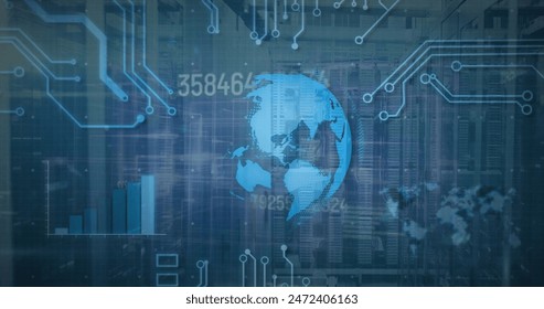 Image of globe, graph, circuit board pattern and changing numbers over data server system. Digital composite, multiple exposure, globalization, report, data center, networking and technology.