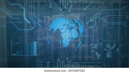 Image of globe, graph, circuit board pattern and changing numbers over data server system. Digital composite, multiple exposure, globalization, report, data center, networking and technology.
