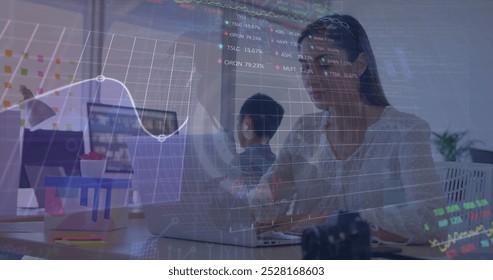 Image of globe, graph, numbers and trading board over caucasian woman working on laptop. Digital composite, multiple exposure, stock market, investment, report, finance and technology. - Powered by Shutterstock