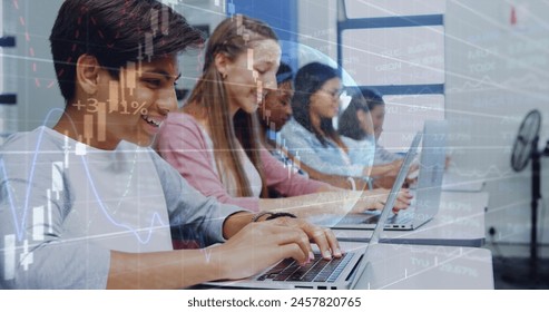 Image of globe and graph over class of diverse pupils using laptops. School, education and learning with technology concept digitally generated image.
