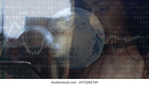 Image of globe, graphs and binary codes over asian teenage girl studying over digital tablet. Digital composite, multiple exposure, globalization, data, reports, e-learning, technology concept.