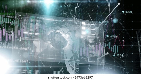 Image of globe, graphs, loading bars and database with connected dots, numbers and lens flare. Digitally generated, hologram, globalization, report, finance, illuminated and technology concept.