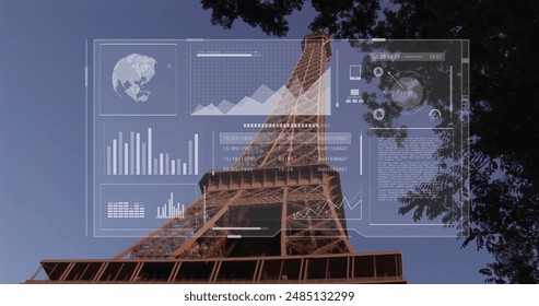 Image of globe, graphs, radar and data over low angle view of eiffel tower against sky. Digital composite, multiple exposure, globalization, report, business, sonar and architecture concept. - Powered by Shutterstock - Get 15% off with code: PIKWIZARD15