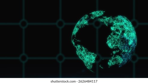 Image of globe and grid over dark background. Global science, connections, data processing and digital interface concept digitally generated image.