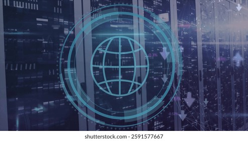 Image of globe icon and digital data processing over computer servers. Global connections, computing and data processing concept digitally generated image.