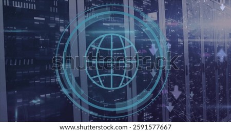 Image of globe icon and digital data processing over computer servers. Global connections, computing and data processing concept digitally generated image.