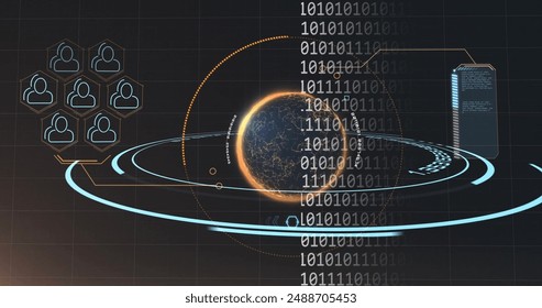 Image of globe icons and binary coding and data processing over dark background. Global artificial intelligence, connections, computing and data processing concept digitally generated image.