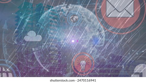 Image of globe, icons and data processing over cityscape. Global computing, finance, business and data processing concept digitally generated image.