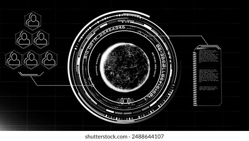 Image of globe with icons and data processing over black background. Global artificial intelligence, connections, computing and data processing concept digitally generated image.