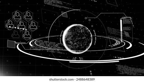 Image of globe with icons and data processing over black background. Global artificial intelligence, connections, computing and data processing concept digitally generated image.