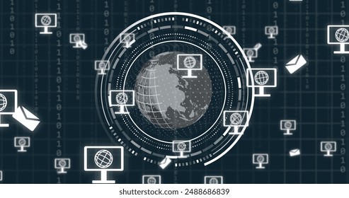 Image of globe with icons and data processing over dark background. Global artificial intelligence, connections, computing and data processing concept digitally generated image.