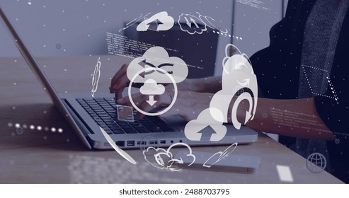 Image of globe with icons data processing over biracial man using laptop. Global artificial intelligence, connections, computing and data processing concept digitally generated image.