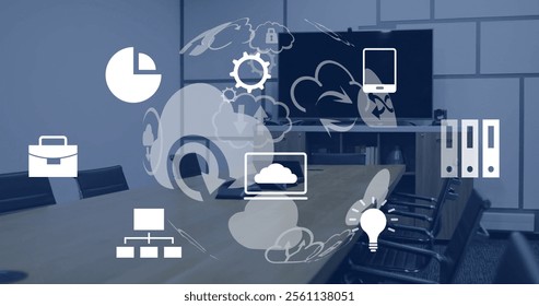 Image of globe with icons and data processing over desk in office. Global artificial intelligence, connections, computing and data processing concept digitally generated image.