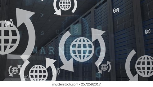 Image of globe icons and data processing over computer servers. Global business, finances, cloud computing and data processing concept digitally generated image.