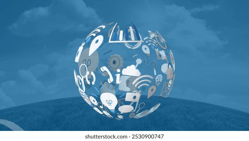 Image of globe made of technicons and question marks floating over blue background. Computers, network, data processing and technology concept digitally generated image. - Powered by Shutterstock - Get 15% off with code: PIKWIZARD15