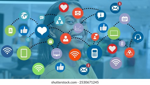 Image of globe made of technology icons on blue background. Digital image of rotating globe with chat bubble of followers icon counting up. - Powered by Shutterstock - Get 15% off with code: PIKWIZARD15