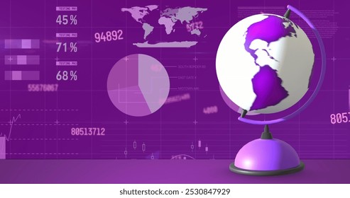 Image of globe moving and data processing, world map on pink background. Education, digital interface and school concept, digitally generated image.
