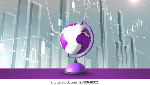 Image of globe moving and data processing on green background. Education, digital interface and school concept, digitally generated image.