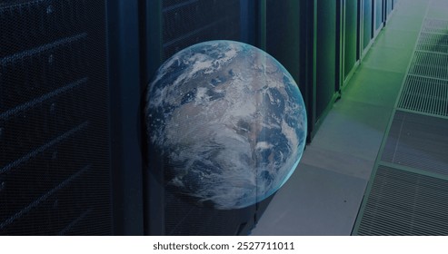 Image of globe moving over data server racks. Digital composite, global connection, network security, data center, networking, technology and network sever concept.