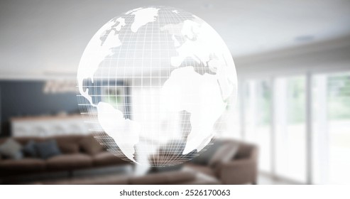 Image of globe moving over empty house interior. Moving house and digital interface concept digitally generated image.