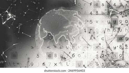 Image of globe with network of connections and data processing on white background. Global technology, computing and digital interface concept digitally generated image.