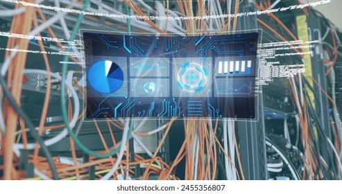 Image of globe with network of connections with glowing spots over data processing. Global communication networks and data processing concept digitally generated image.