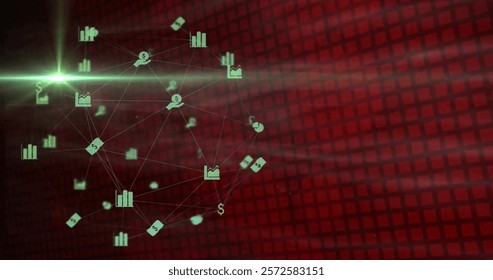 Image of globe of network of connections with icons. Global connections, computing and data processing concept digitally generated image.