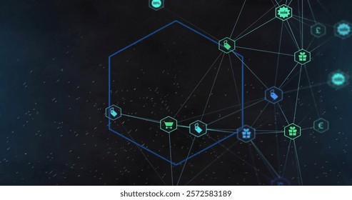 Image of globe of network of connections with icons. Global connections, computing and data processing concept digitally generated image.