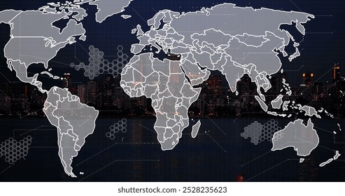 Image of globe of network of connections over world map. Global business and digital interface concept digitally generated image.