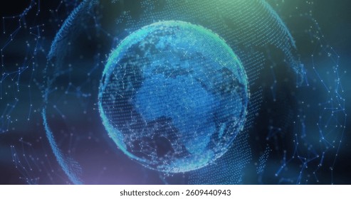 Image of globe with networks of connections over glowing blue background. global connection, data processing and digital interface concept digitally generated image.