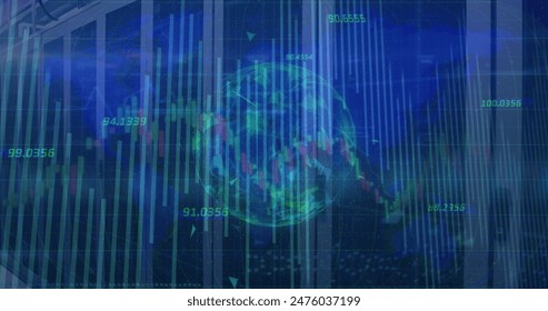 Image of globe with numbers, lines and graphs moving over data server racks. Digital composite, multiple exposure, globalization, network security, report, technology, data center, abstract.