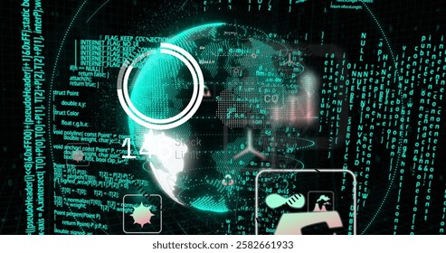 Image of globe over data processing. Global business and digital interface concept digitally generated image.