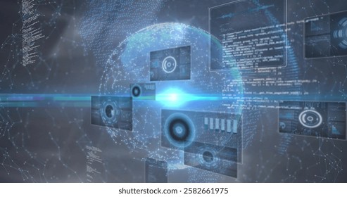 Image of globe over data processing. Global business and digital interface concept digitally generated image.
