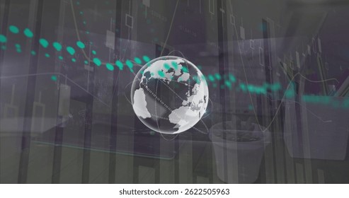 Image of globe over data processing. global business and digital interface concept digitally generated image.