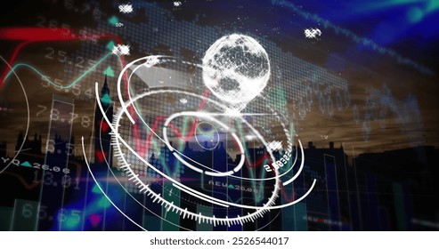 Image of globe over financial data processing. global business, data processing and connections concept digitally generated image.
