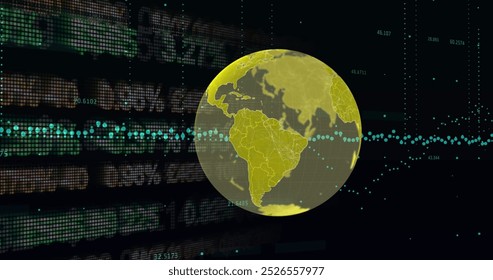 Image of globe over financial data processing. global business, data processing and connections concept digitally generated image.