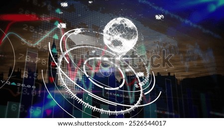 Image of globe over financial data processing. global business, data processing and connections concept digitally generated image.