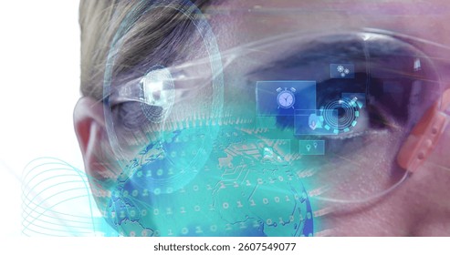 Image of globe over media icons on eye of woman in vr glasses using interface. digital interface technology, data processing and global communication concept digitally generated image.